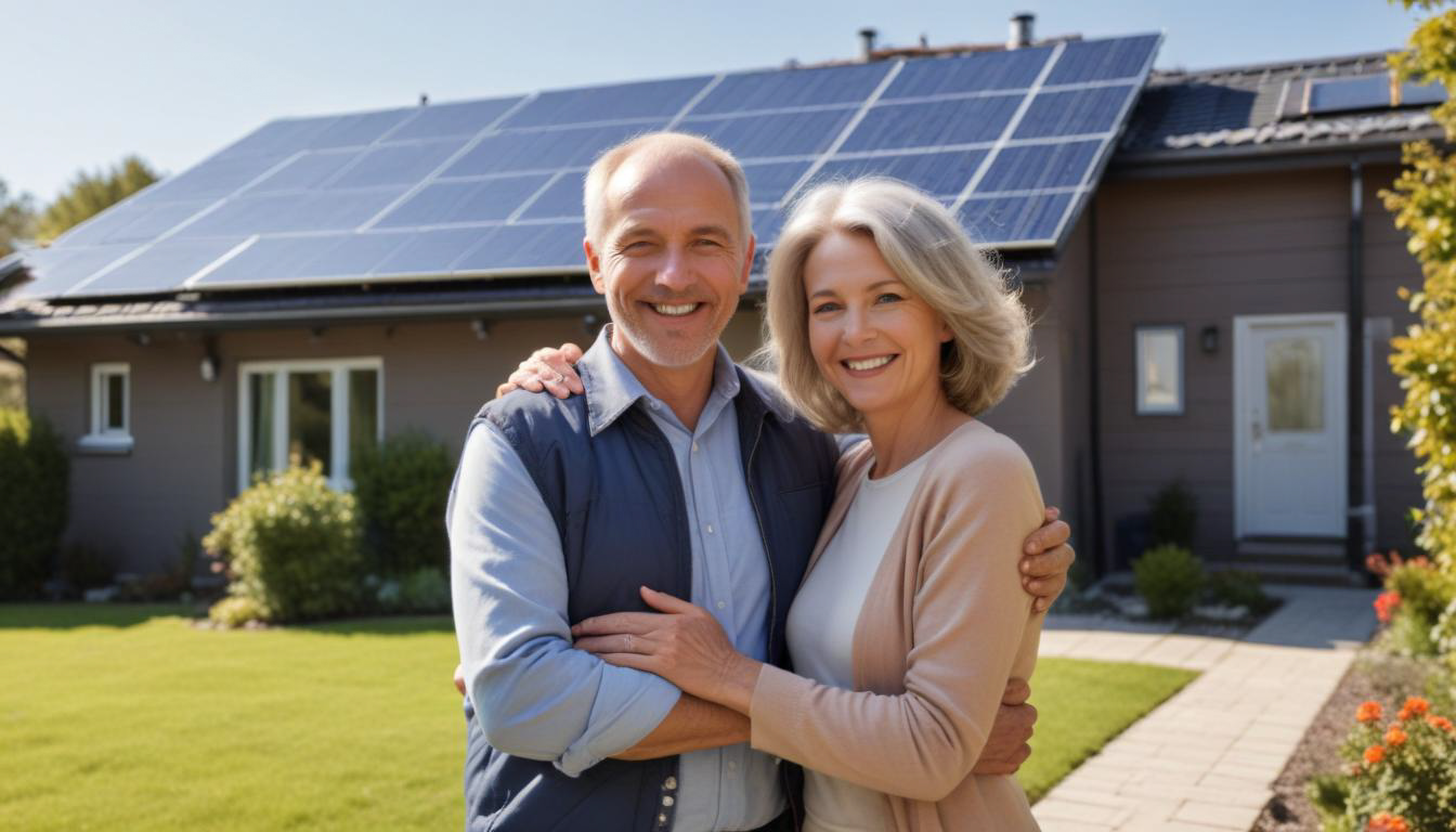 man-woman-pose-photo-outside-house-with-solar-panels-roof Solar North | I’ve Had an ECO4 Installation in Wales – What Now?